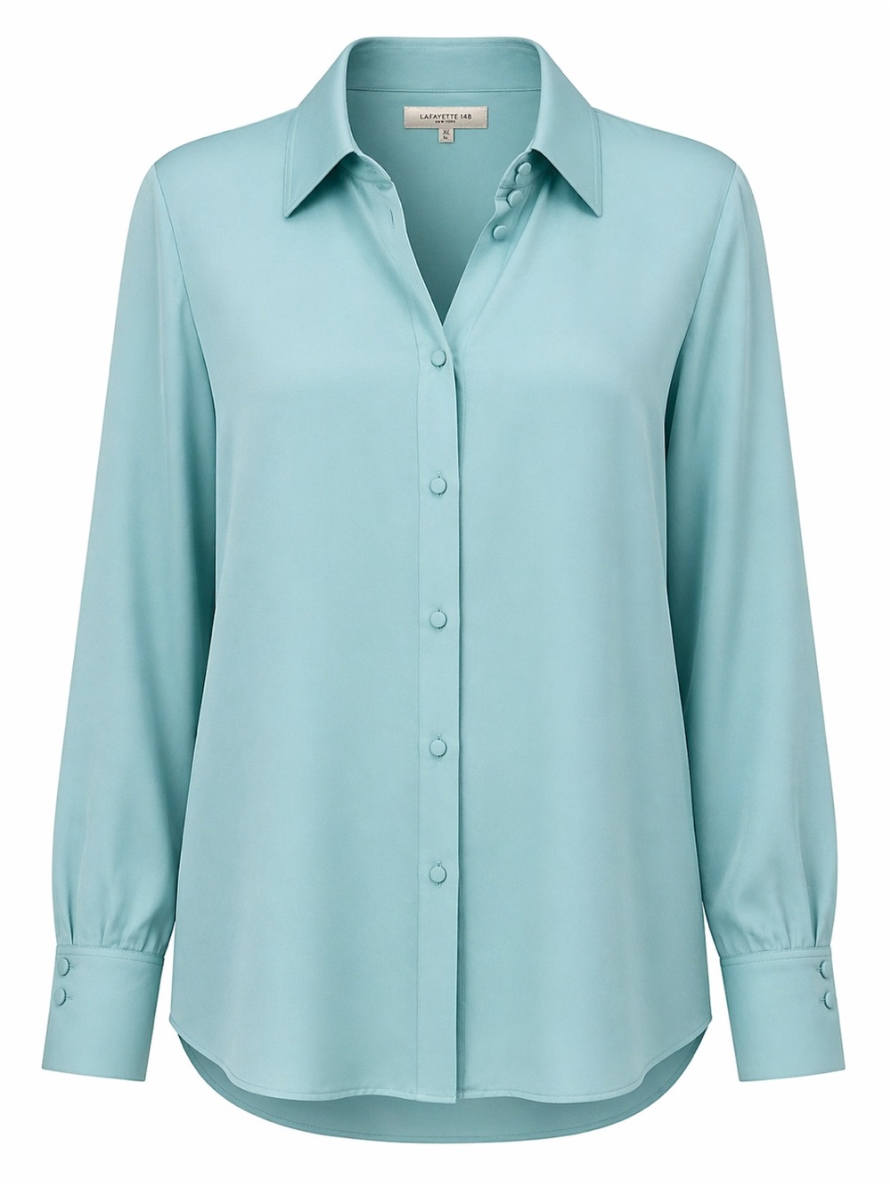 Lafayette 148 New York Aqua Blue Satin Button Down Blouse Size XL